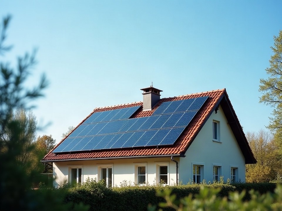 Photovoltaikmodule auf dem Ziegeldach eines Einfamilienhauses