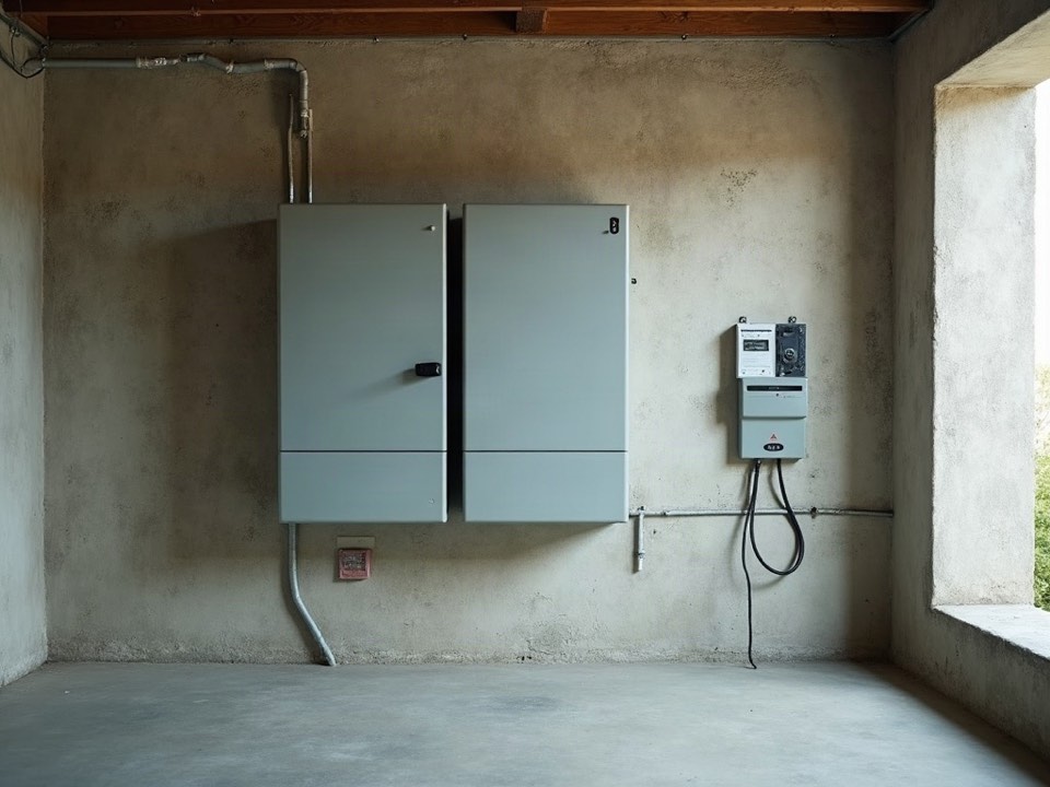Batteriespeicher an der Kellerwand neben dem Zählerschrank