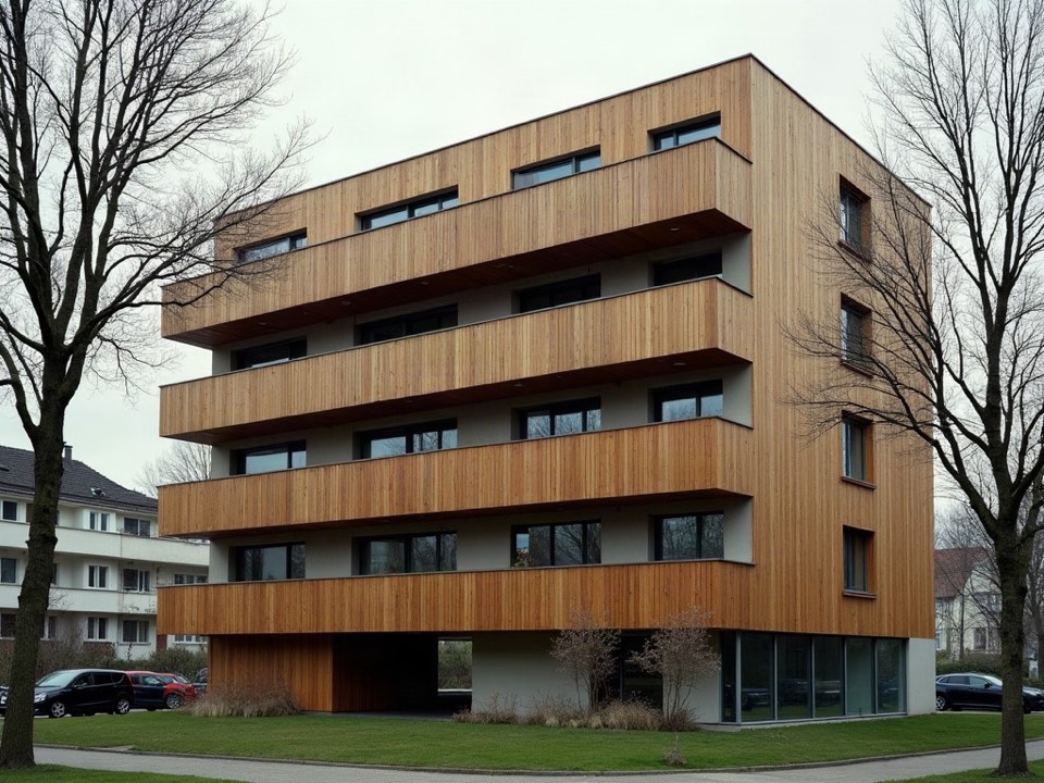 Dreigeschossiges Wohnhaus mit Holzfassade und Balkonen hinter Bäumen