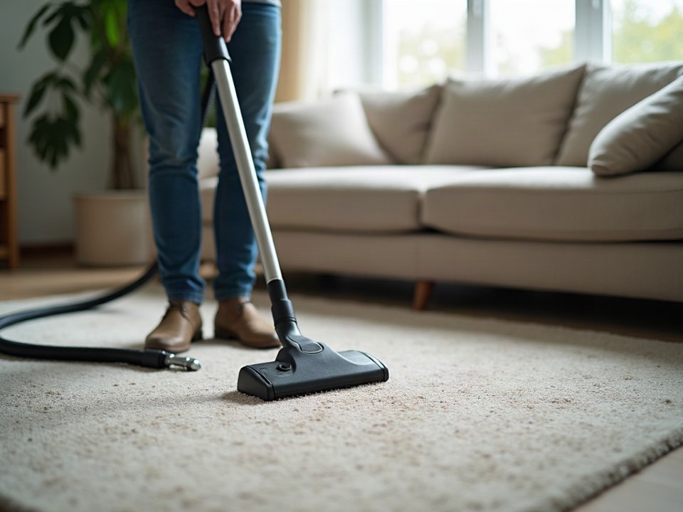 Sprühextraktionsgerät mit Schlauch und Polsterdüse auf einem Teppich im Wohnraum