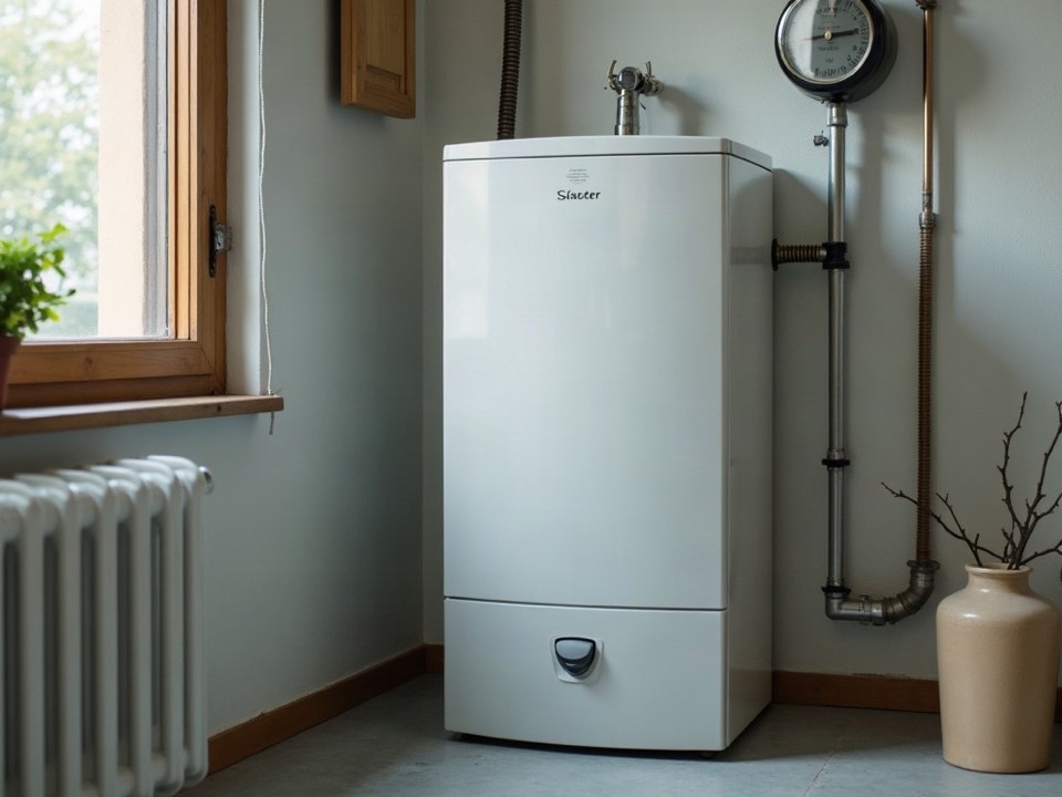 Enthärtungsanlage mit Salzbehälter neben Rohrleitungen im Hauswirtschaftsraum